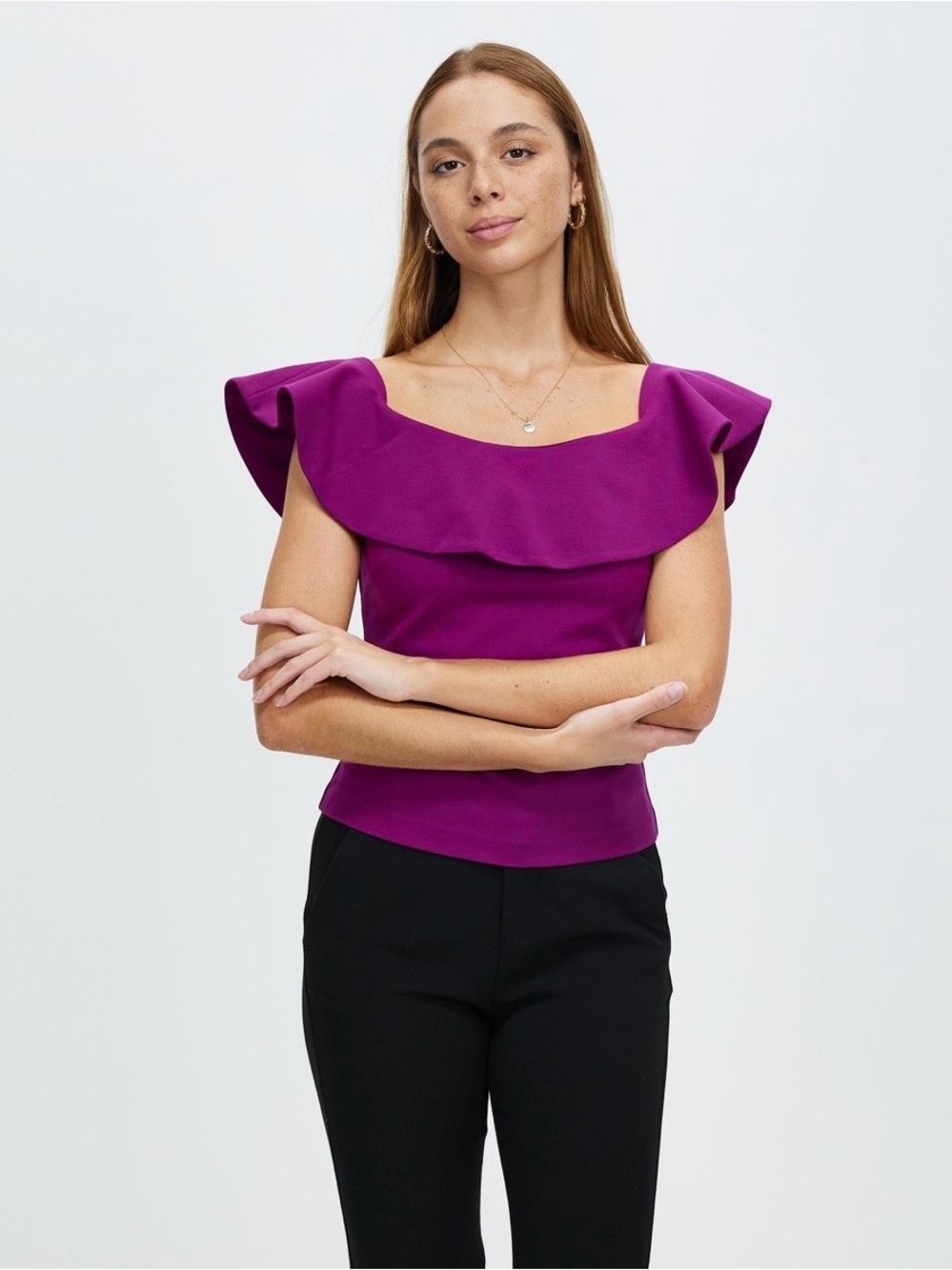 Ted Baker London Perui Frill Detail Bardot Top in Purple Ted Size 2/US 6